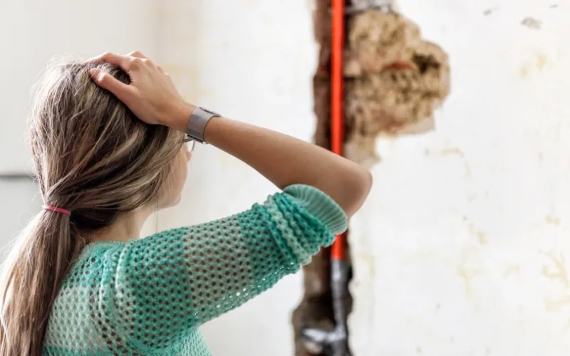 Woman looking at a damaged pipe.