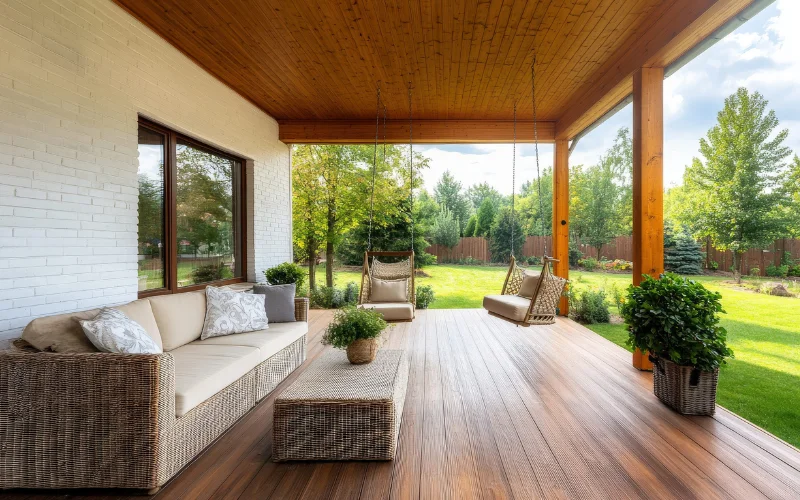 Covered wood patio.
