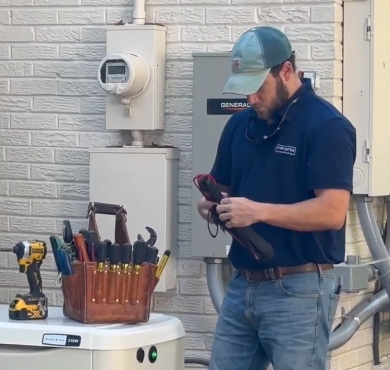 A CrewPros technician is working on a Generac generator.