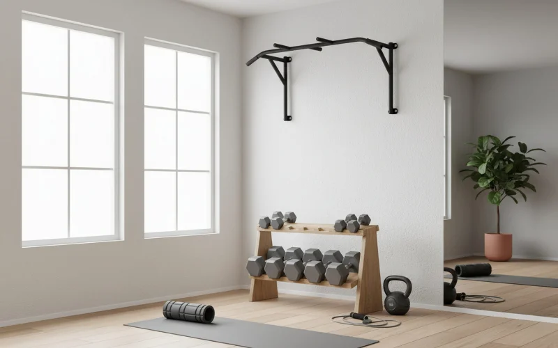 Home gym in a garage.