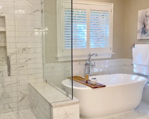 Bathroom remodel with elegant tub design.