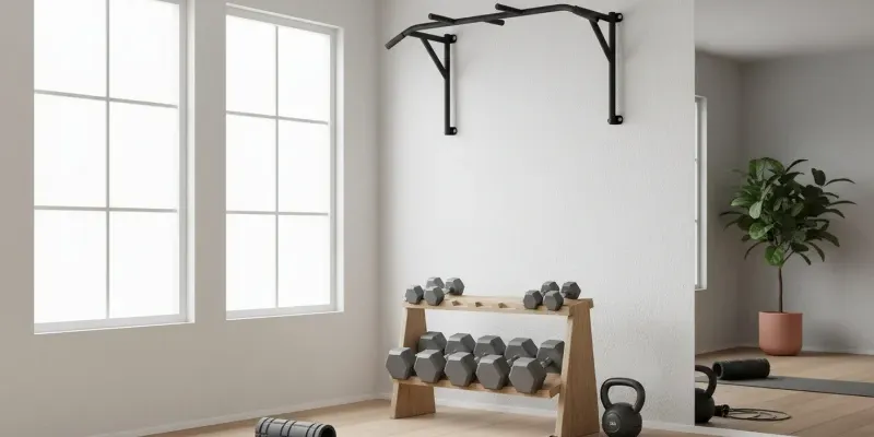 Home gym in a garage.